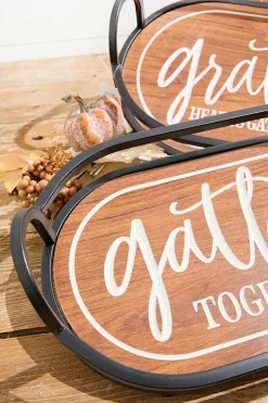 Metal & Engraved Wood Harvest Design Tray - Set of 2