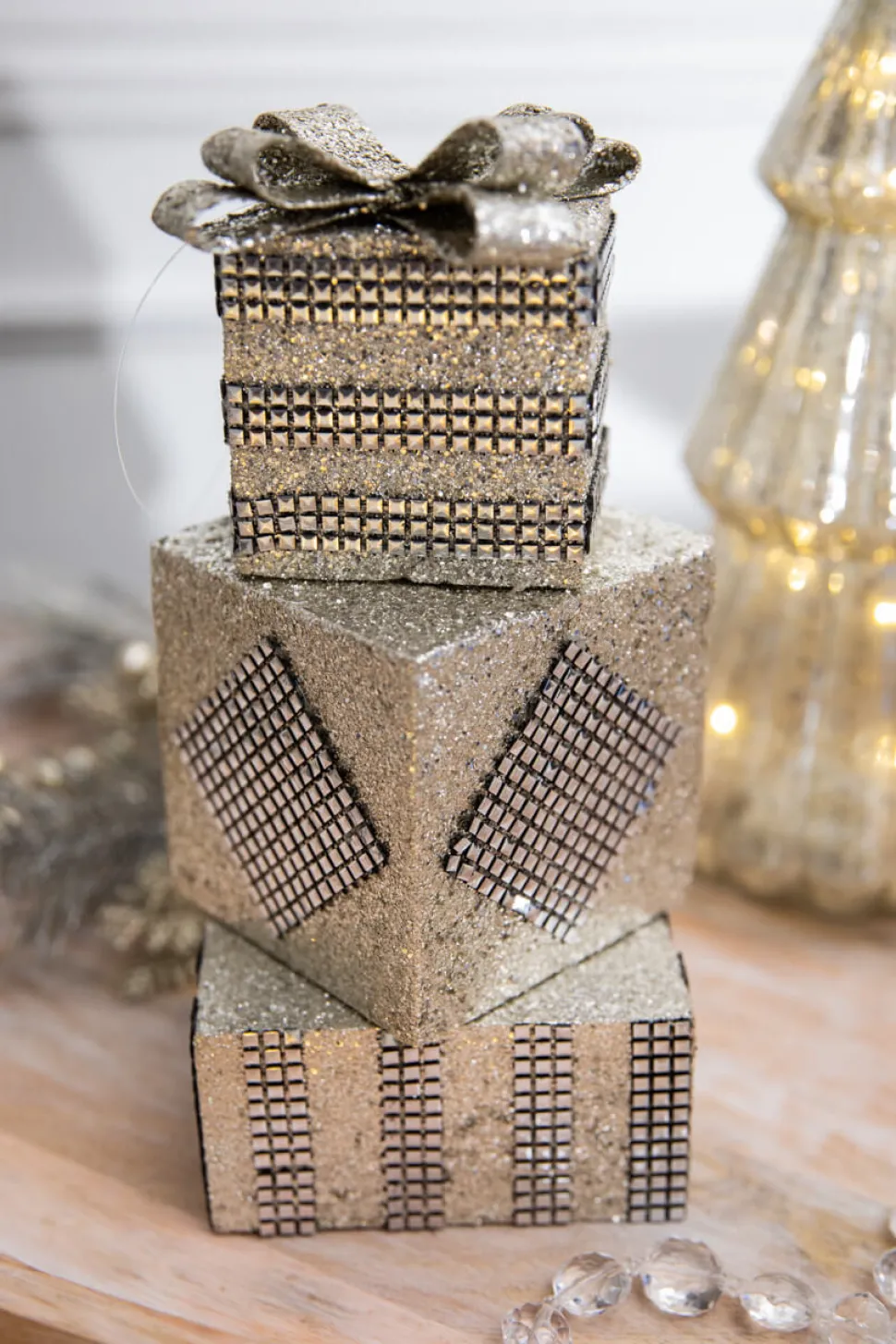 10” Metallic Platinum Gatsby Package Stack Ornament