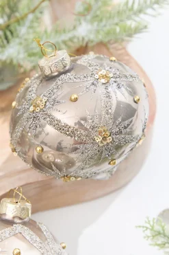 4" Metallic Taupe & Glitter Glass Ornament