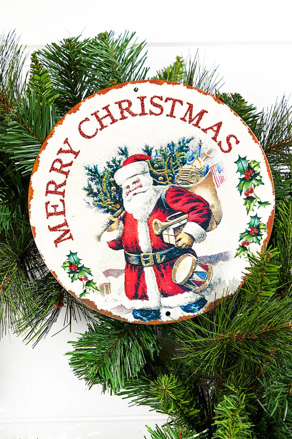 8" Metal with Glitter Vintage Merry Christmas