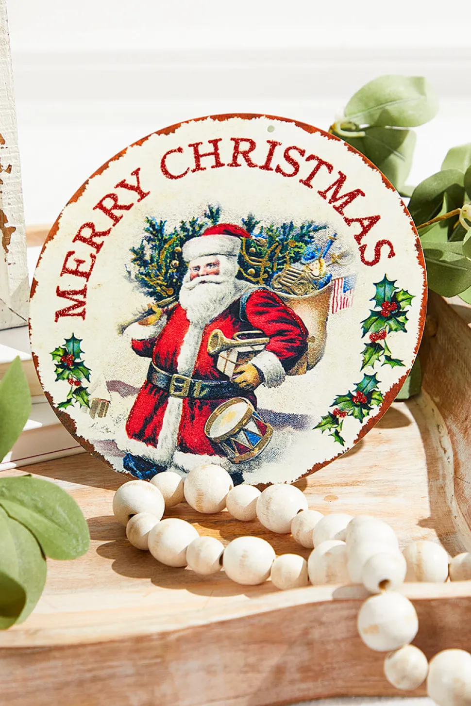 8" Metal with Glitter Vintage Merry Christmas