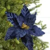 24" Midnight Blue Velvet with Glitter Center Poinsettia Stem