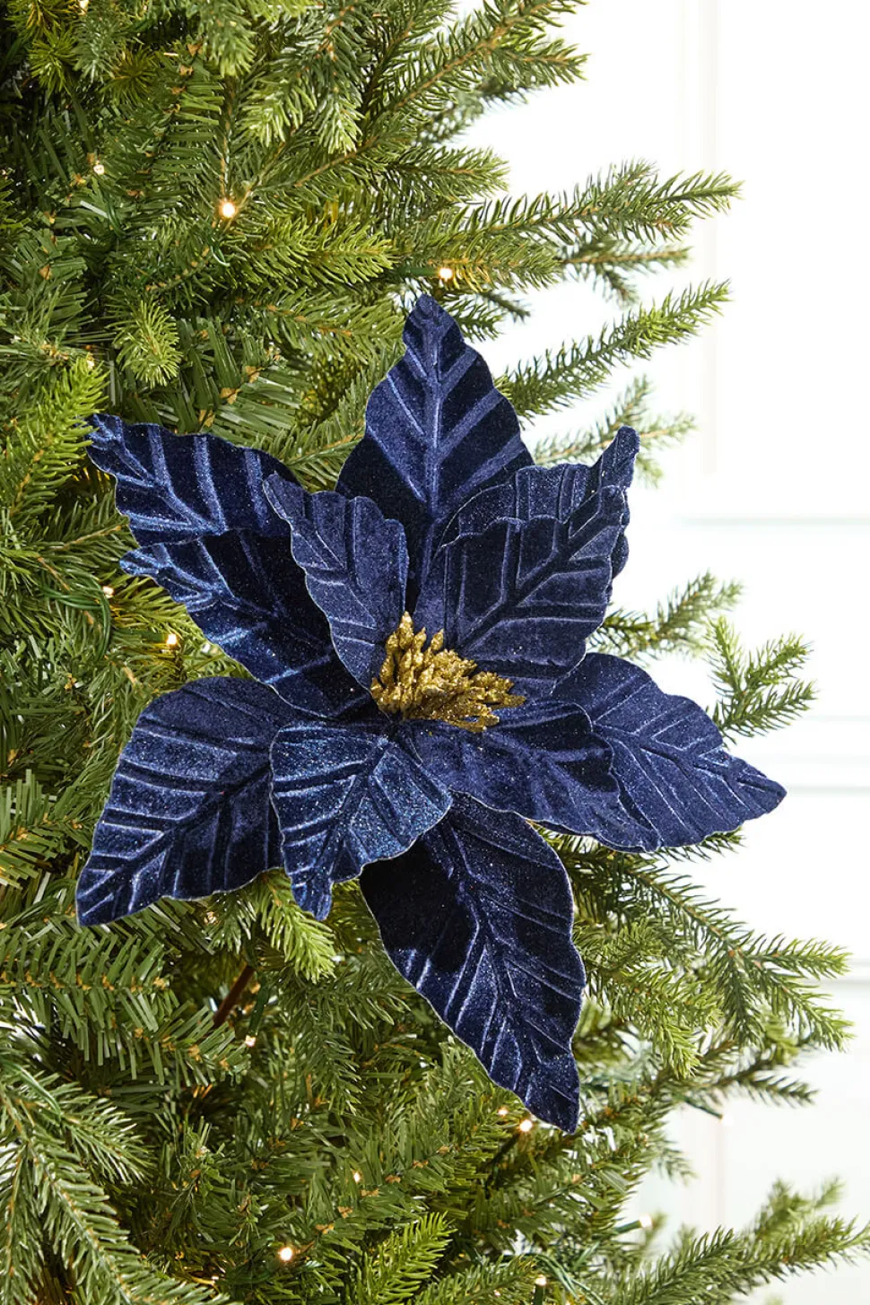24" Midnight Blue Velvet with Glitter Center Poinsettia Stem