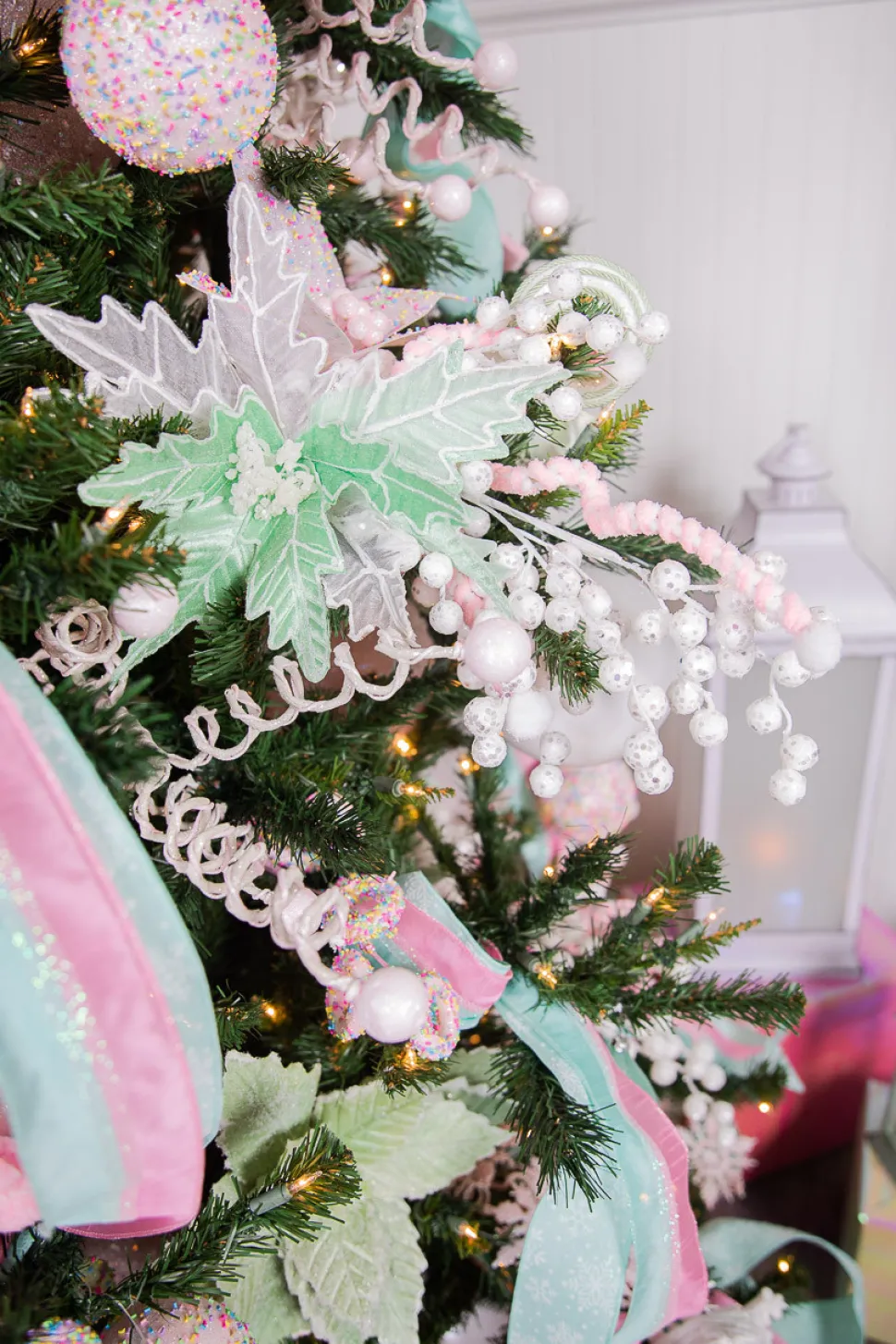 25” Mini Cotton Ball Peppermint Christmas Spray - Pink/White