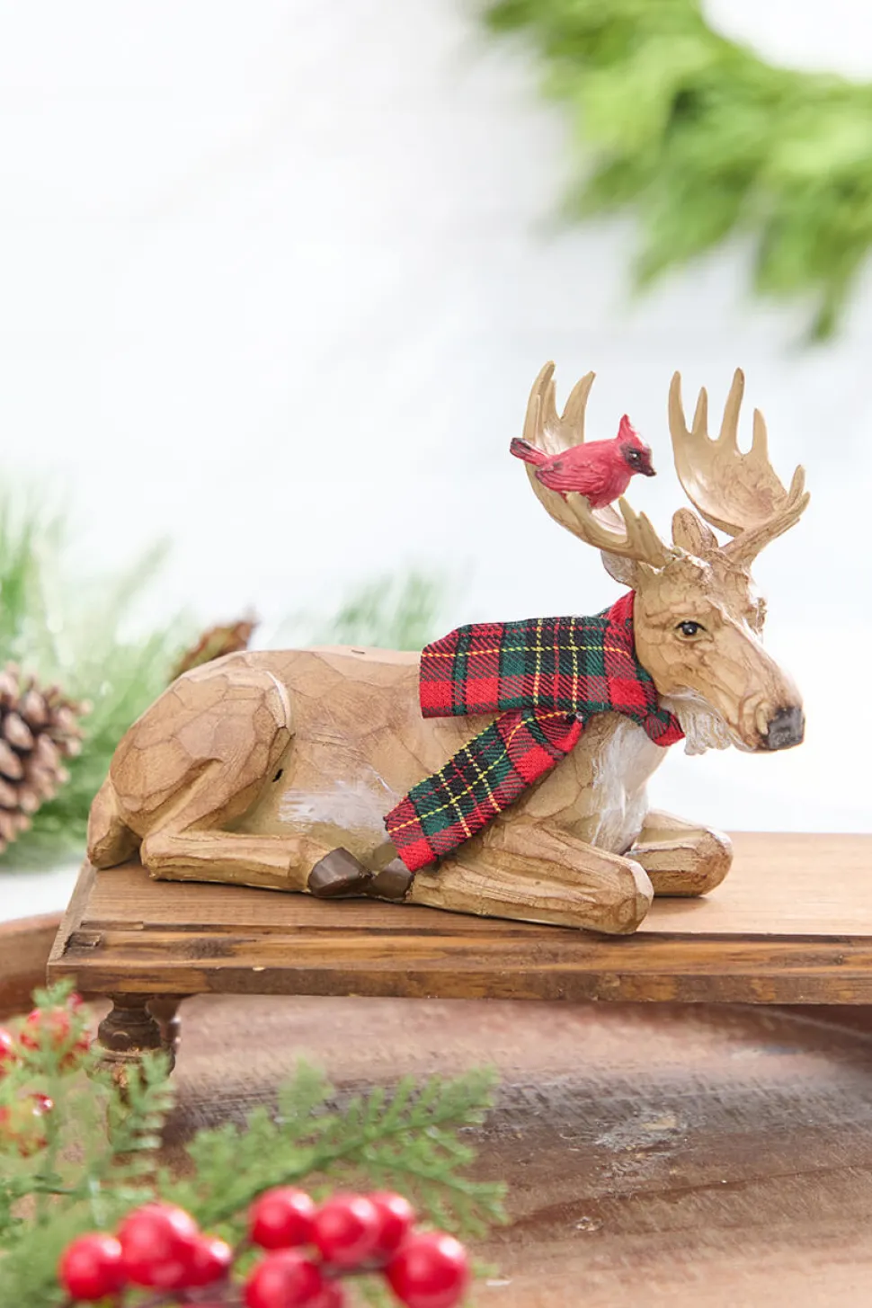 6.5" - 9" Moose with Cardinal & Plaid Scarf