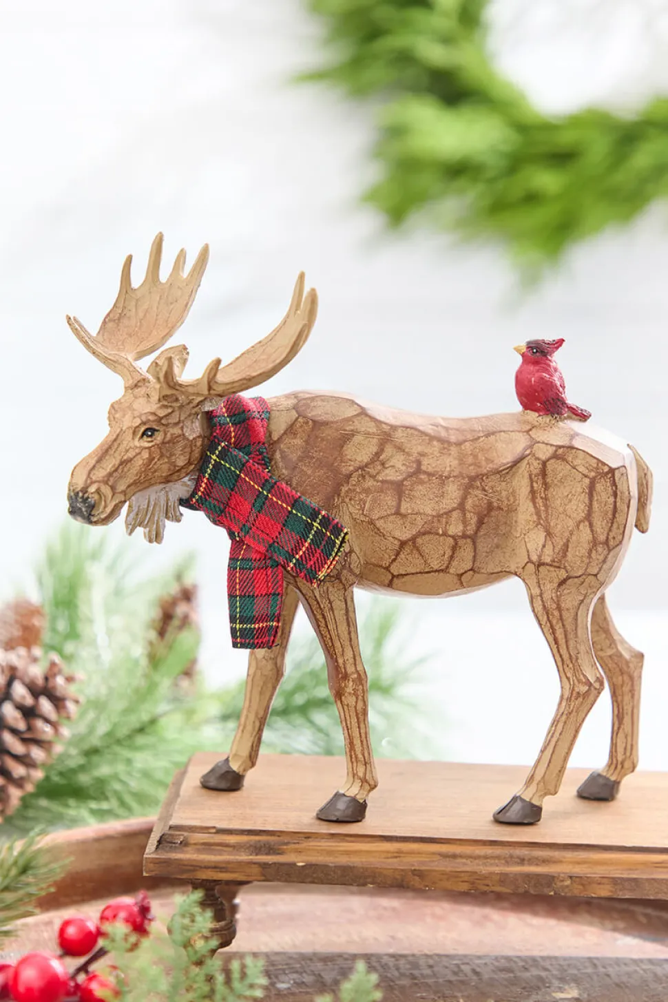 6.5" - 9" Moose with Cardinal & Plaid Scarf