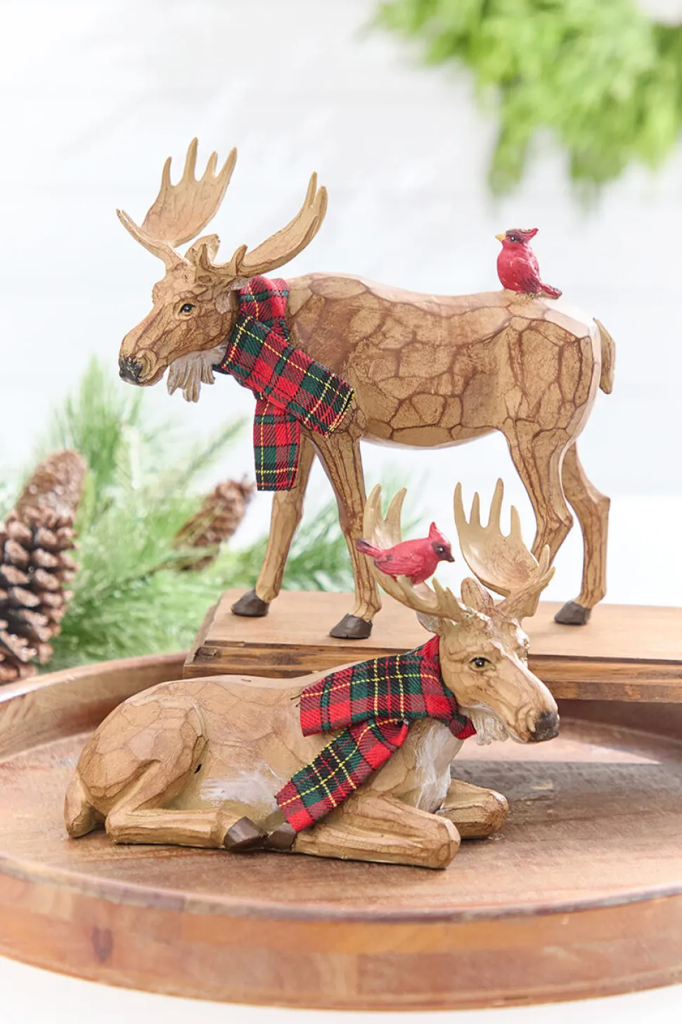 6.5" - 9" Moose with Cardinal & Plaid Scarf