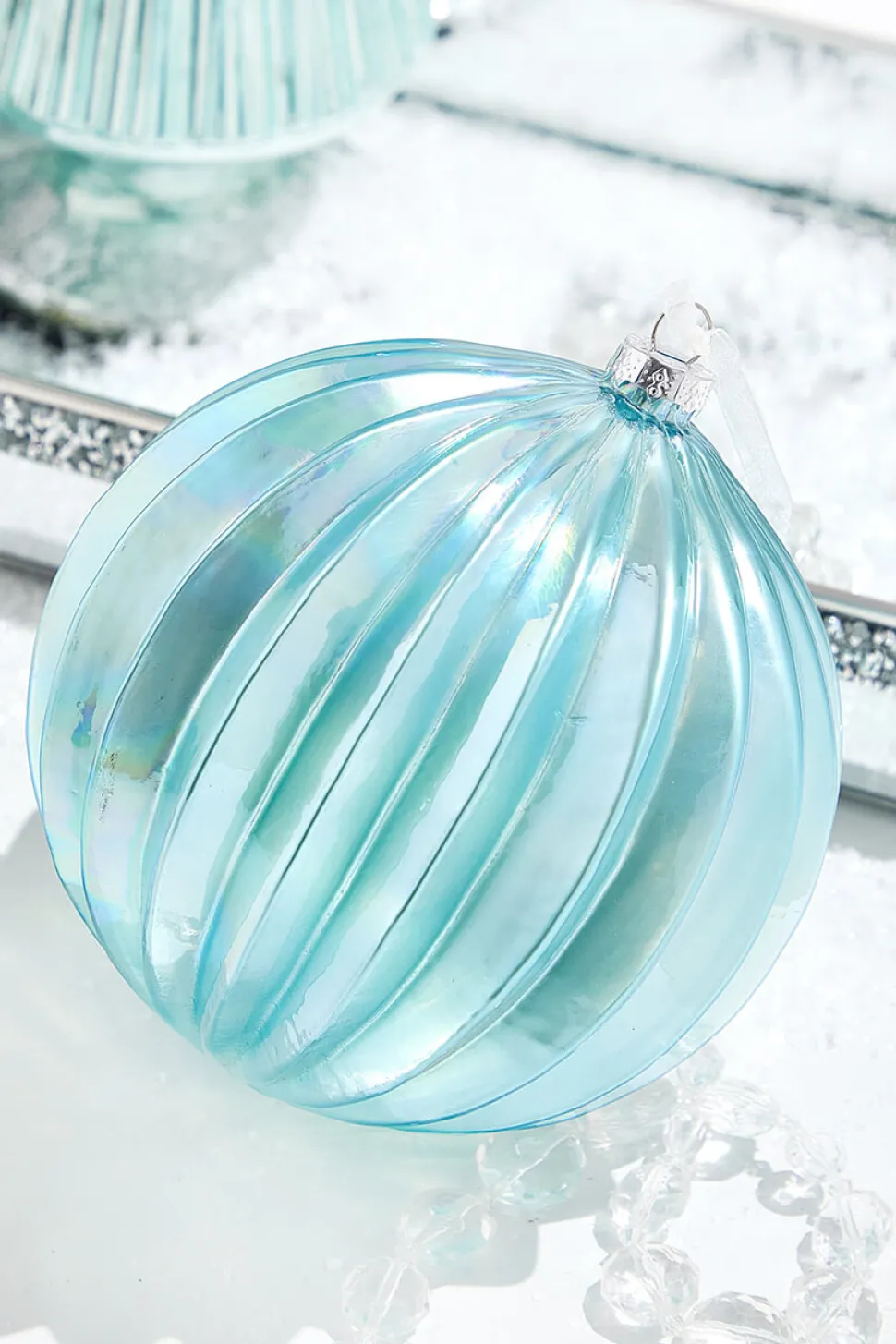 6.75" Northern Sky Blue Pleated Glass Ball Ornament