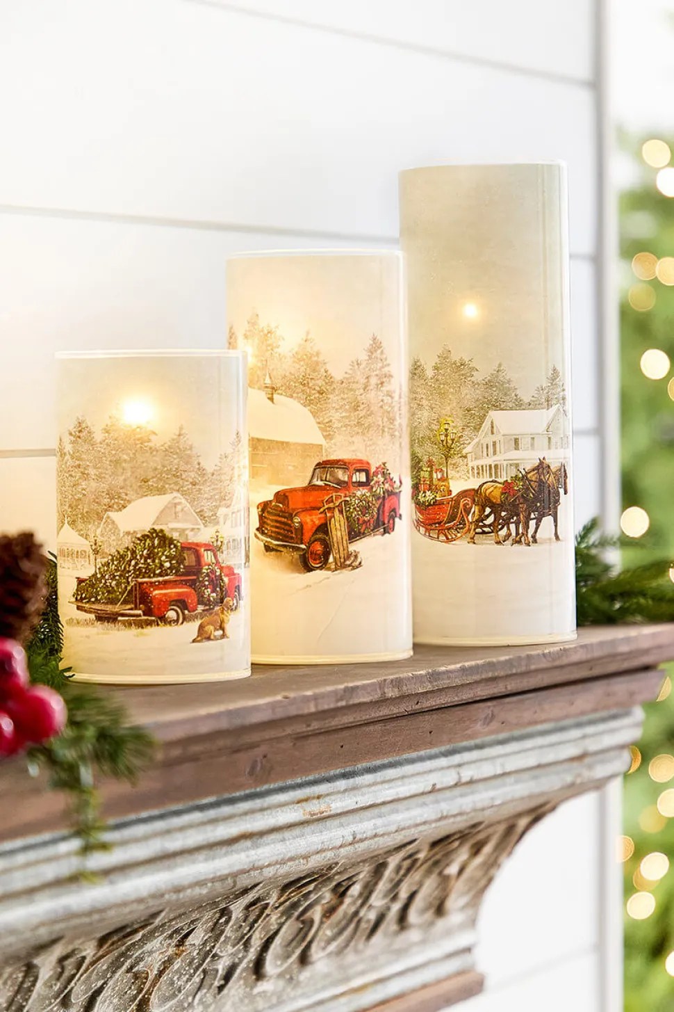 5.9" - 9.8" Nostalgic Christmas Glass Luminaries - Set of 3