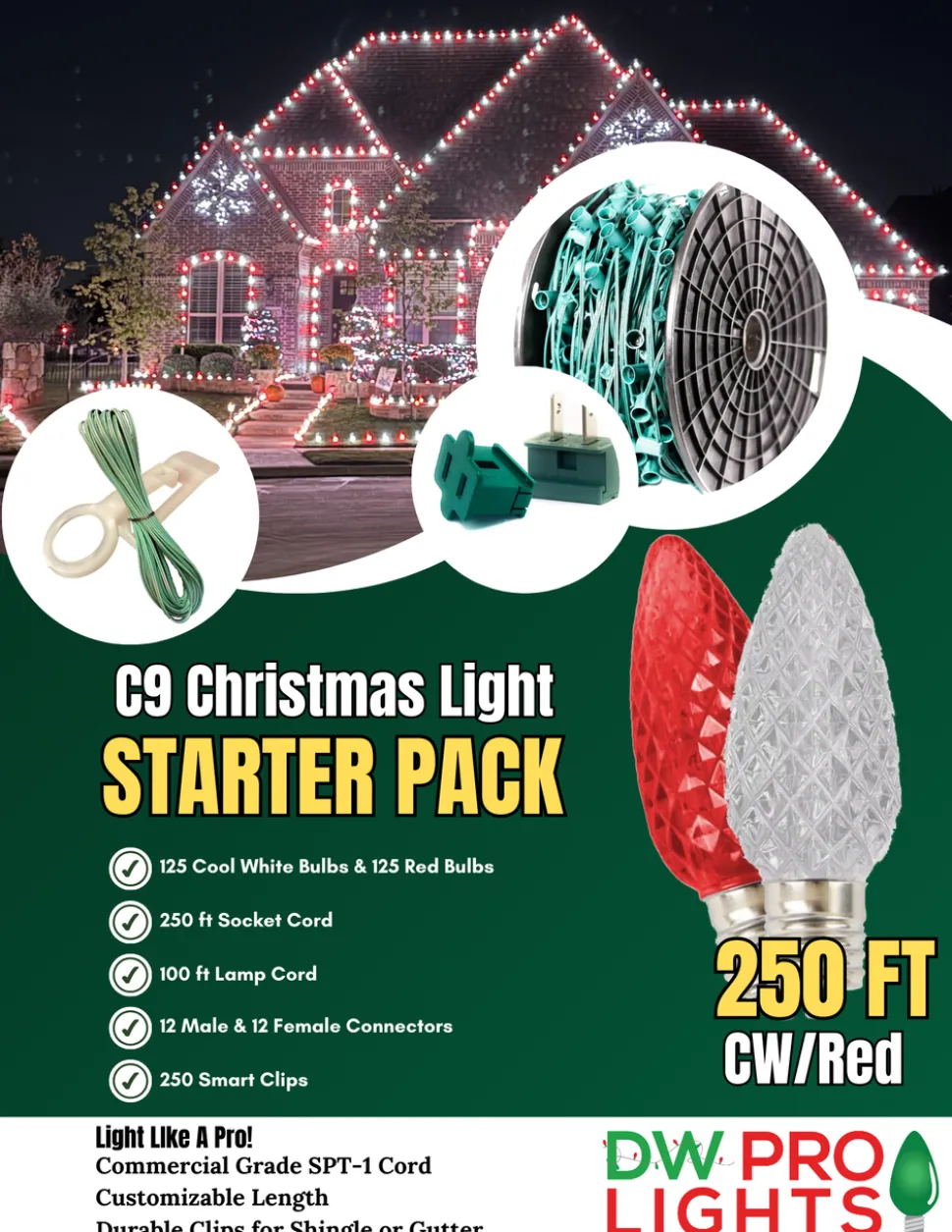 250' Outdoor Christmas Lighting Kit - Cool White/Red