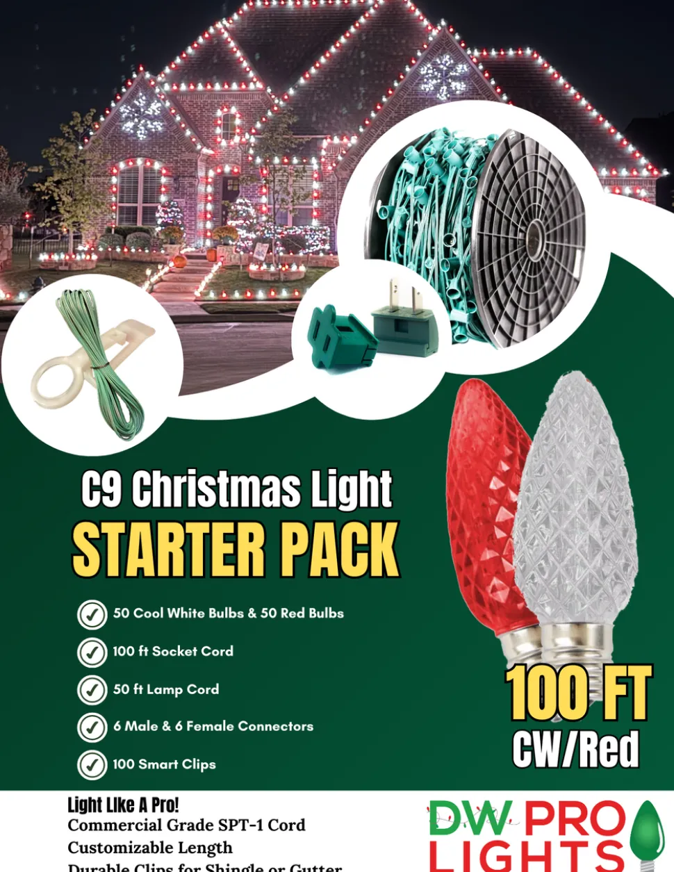 100' Outdoor Christmas Lighting Kit - Cool White/Red