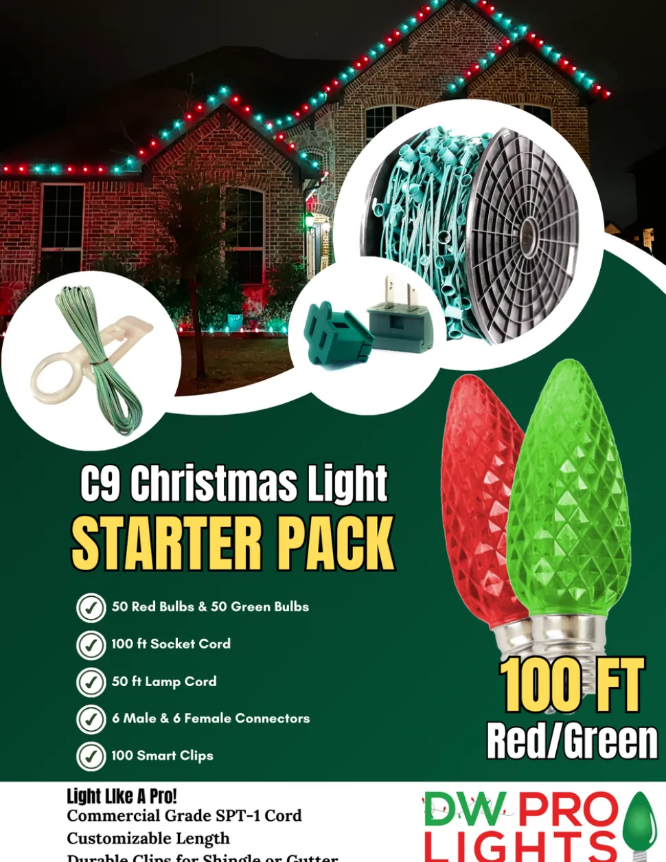 100' Outdoor Christmas Lighting Kit - Red/Green