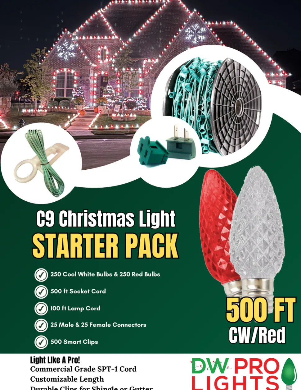 500' Outdoor Christmas Lighting Kit - Cool White/Red