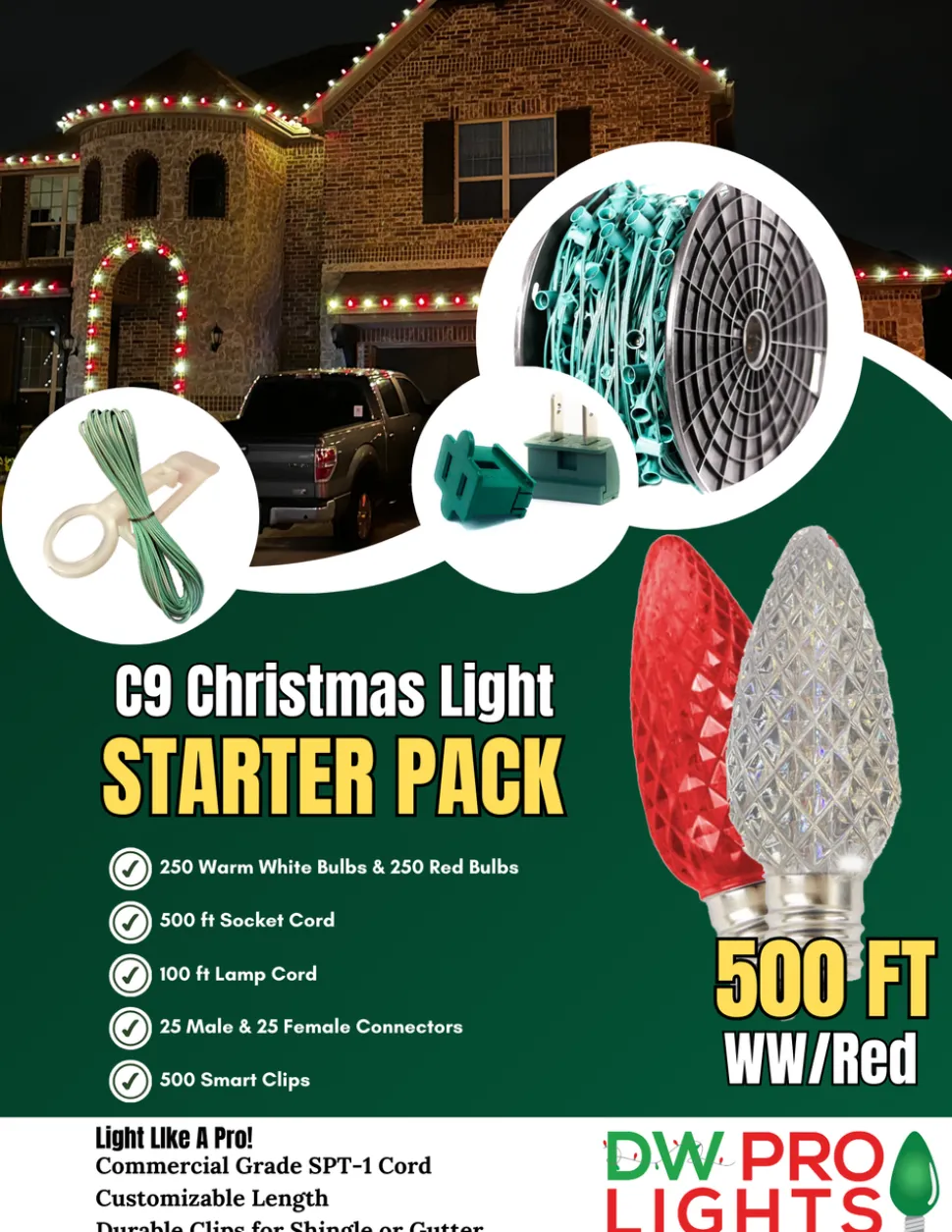 500' Outdoor Christmas Lighting Kit - Warm White/Red