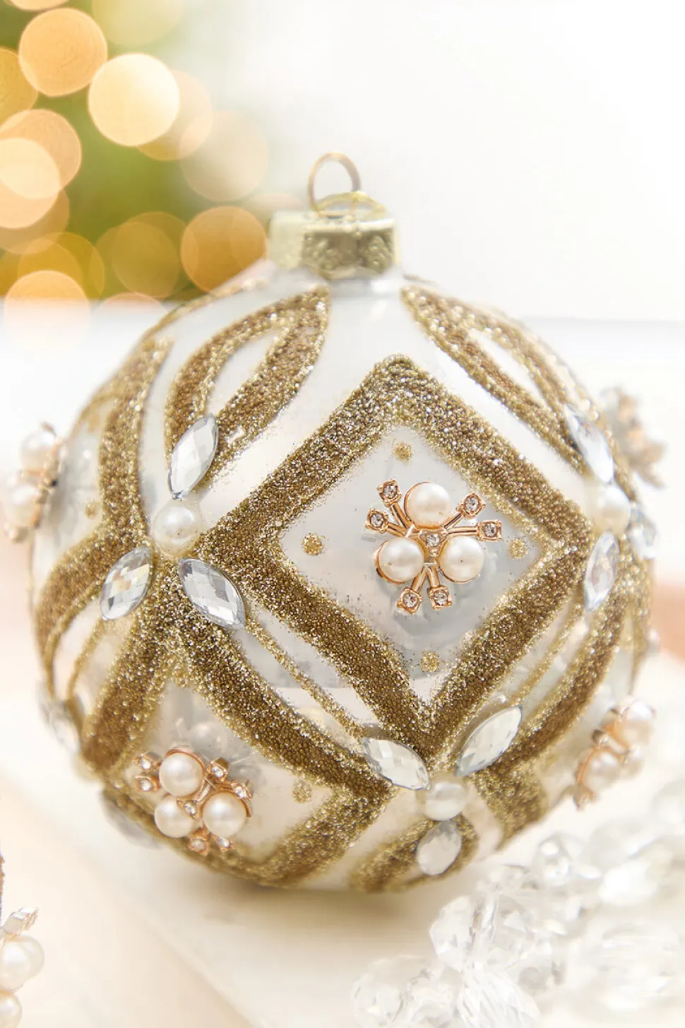 4" - 6" Pearl & Jewel Embellished Glass Ornament