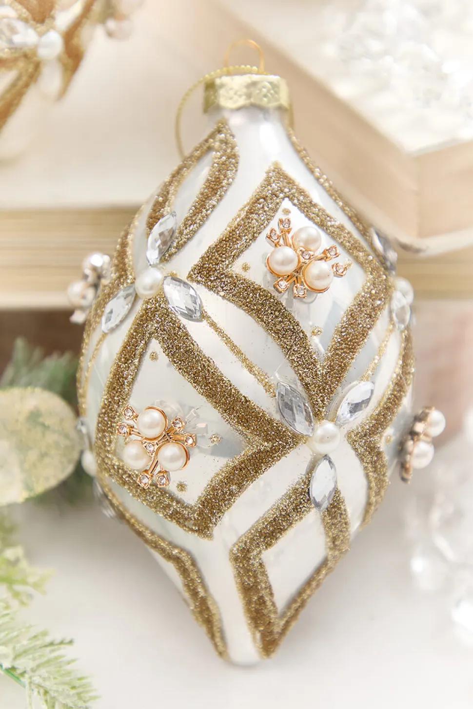 4" - 6" Pearl & Jewel Embellished Glass Ornament