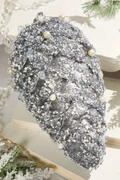 11" Pinecone Ornament with Jewel - Platinum