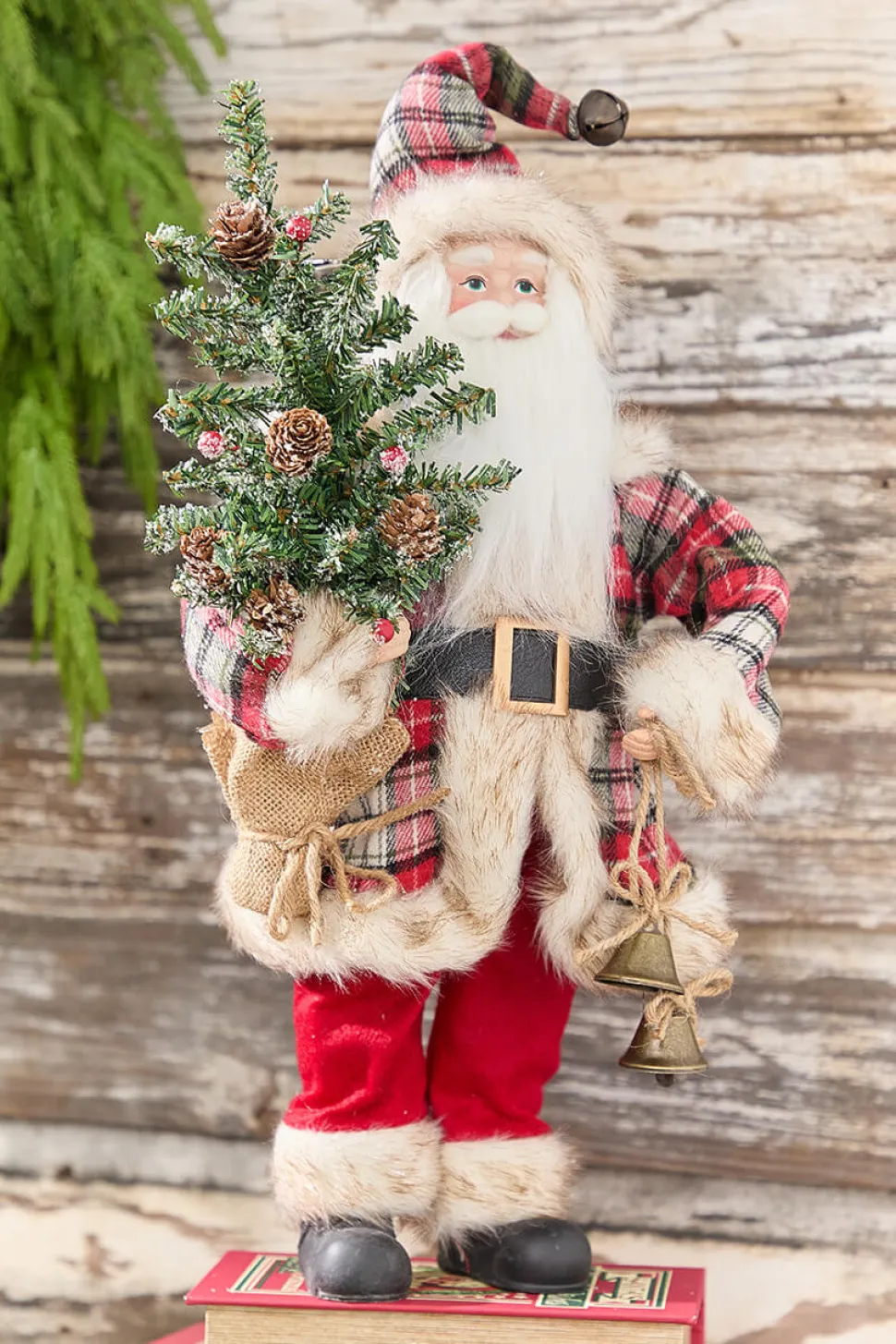 18” Plaid Santa with Tree & Bells Figure