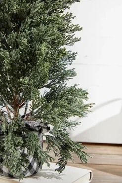 24" Plastic Cedar Tree in Black & White Buffalo Fabric Bucket