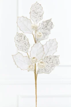 27" Platinum Glitter Berry Leaf Spray
