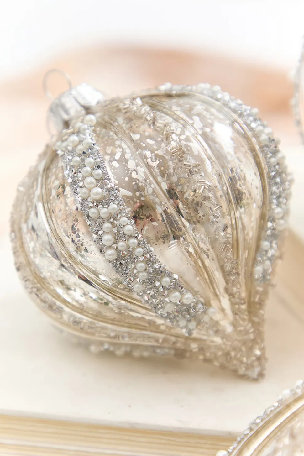 4" - 6" Platinum Mercury Glass Glitter Stripe Ornament