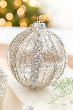 4" - 6" Platinum Mercury Glass Glitter Stripe Ornament