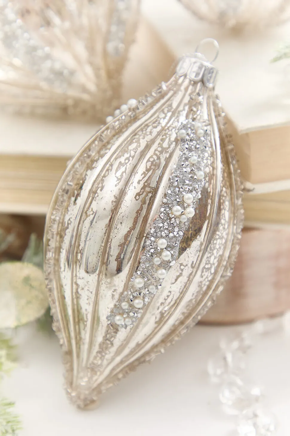 4" - 6" Platinum Mercury Glass Glitter Stripe Ornament