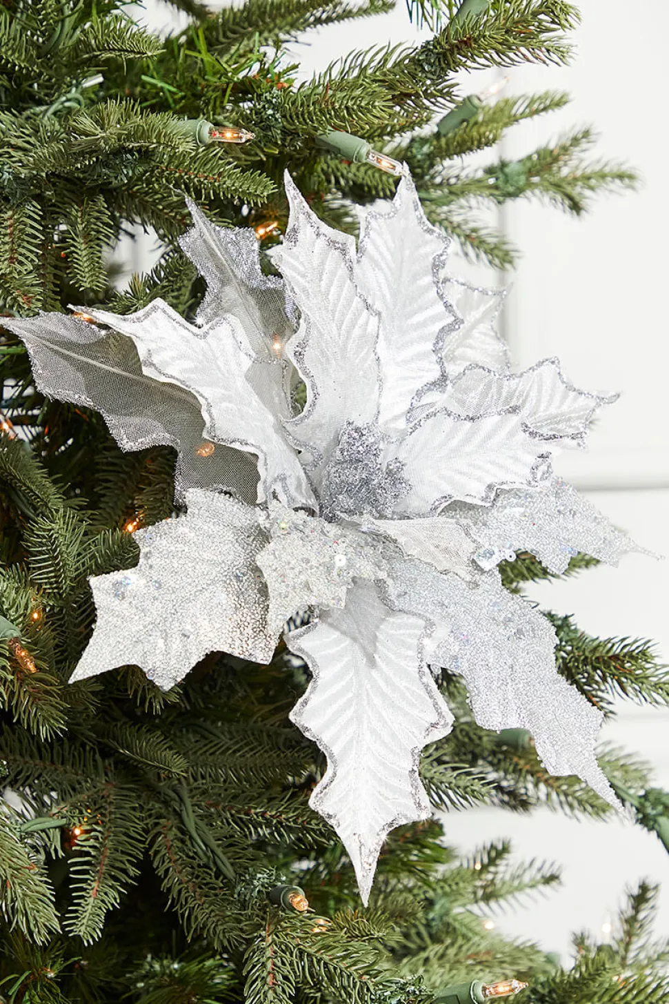 21" Platinum Velvet Sheer Sequin Poinsettia