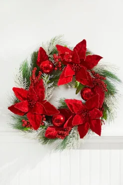 22” Poinsettia With Pine Wreath