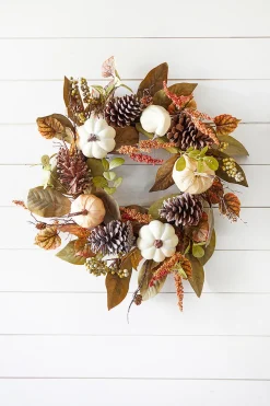 24" Pumpkin Leaves Berry Wreath