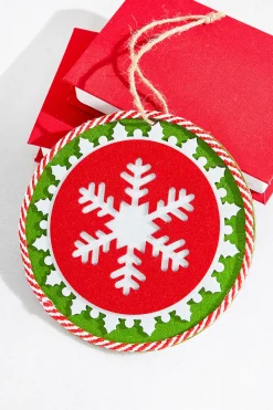 8" Red and White and Green Snowflake Ornament