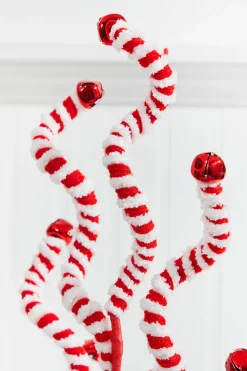 24" Red and White Fabric Peppermint Stripe Jingle Bell Spray