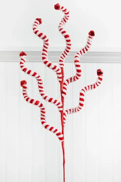 24" Red and White Fabric Peppermint Stripe Jingle Bell Spray