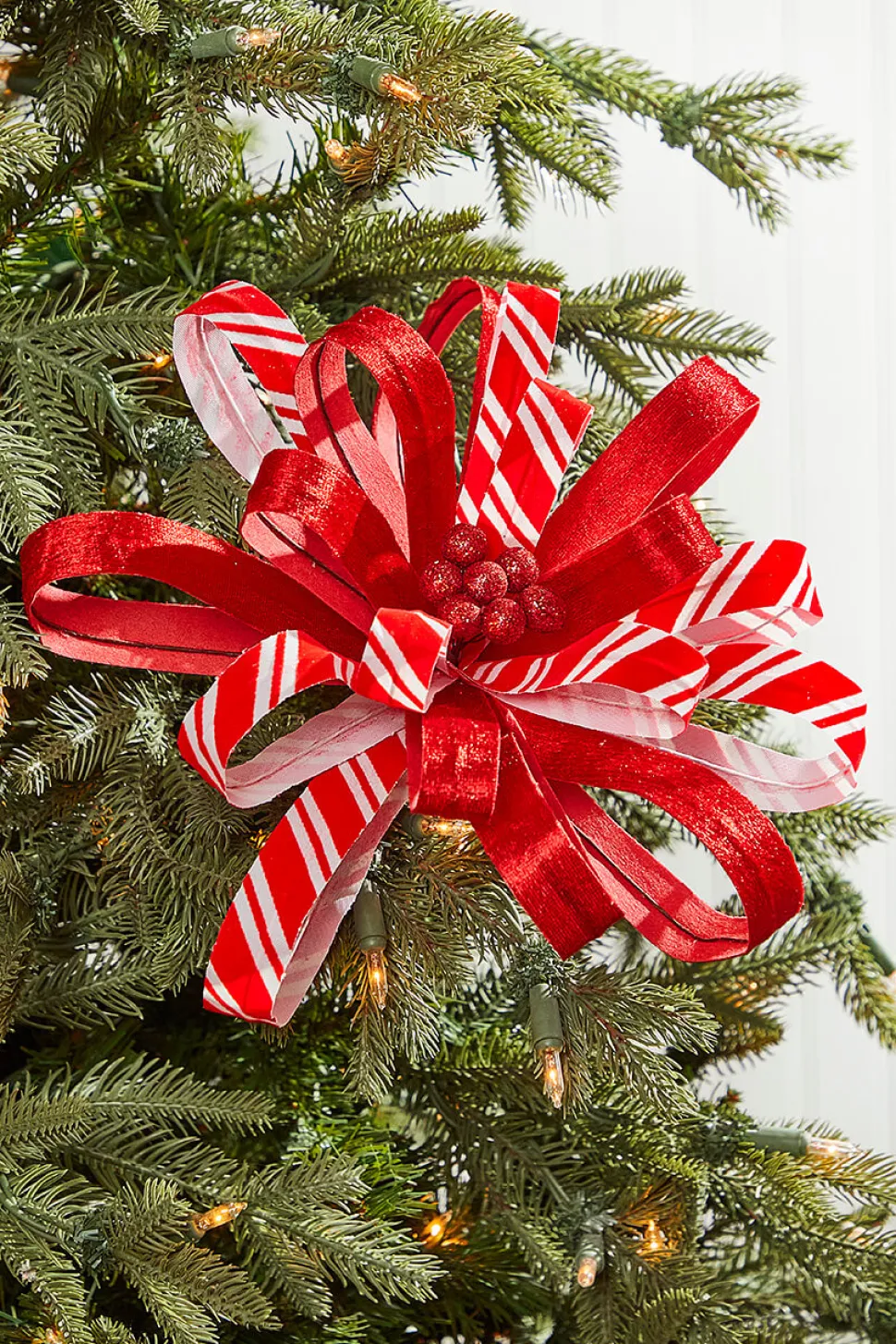 22" Red and White Ribbon Flower Stem