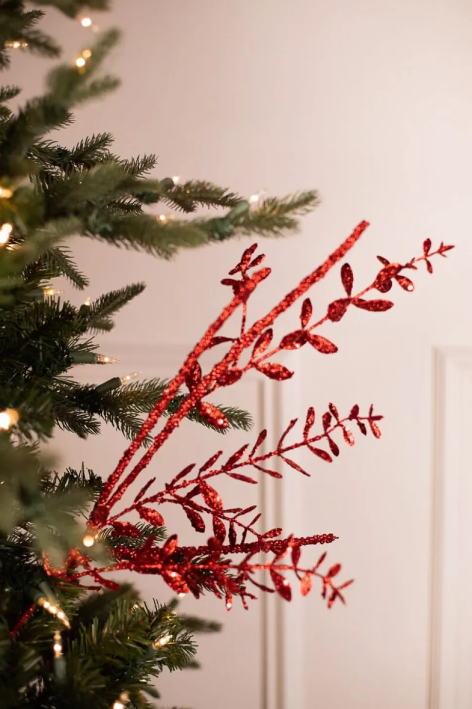 29” Red Glitter Boxwood Berry Stick Spray