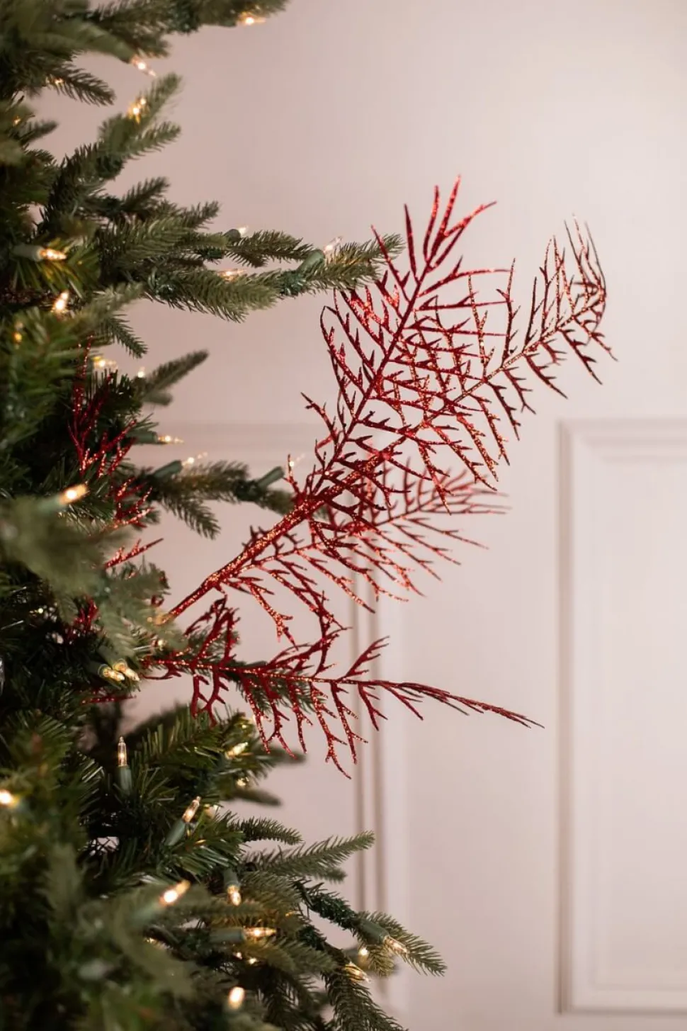 38” Red Glitter Dragon Fern Spray