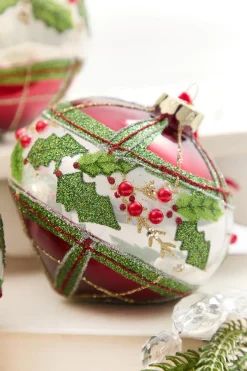 4" - 6" Red & Green Plaid & Holly Glass Ornament