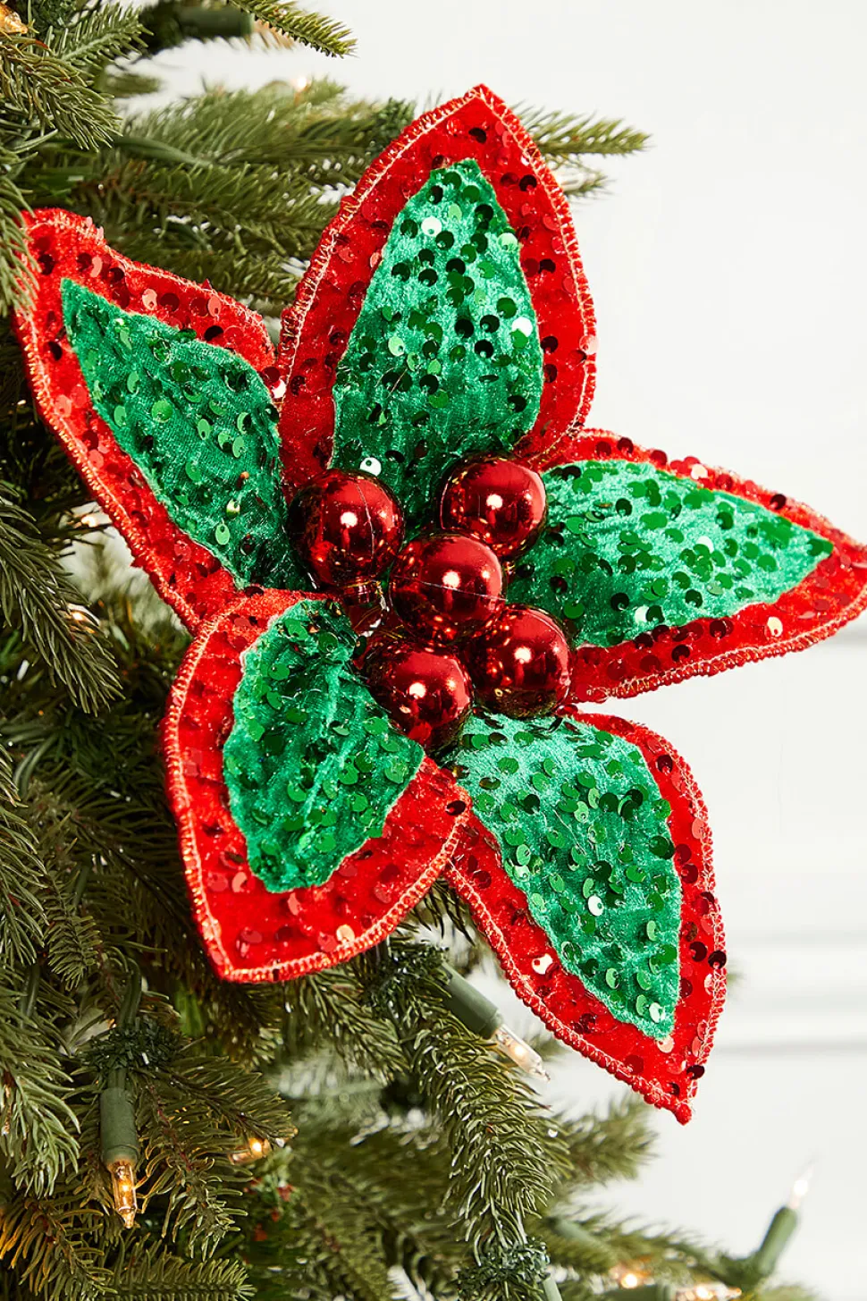 22" Red Green Sequin Poinsettia Stem