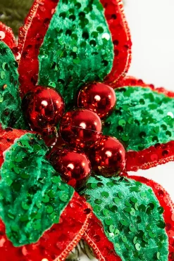 22" Red Green Sequin Poinsettia Stem