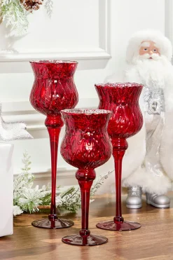 Red Mercury Glass Candle Holders - Set of 3