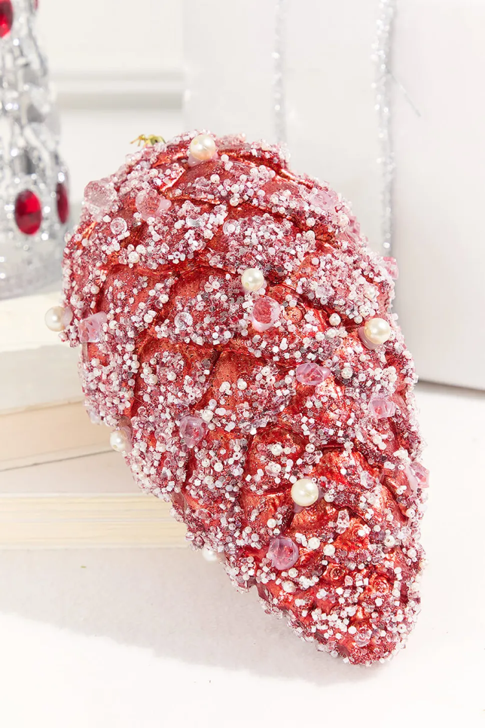 11" Red Pinecone Ornament with Jewels