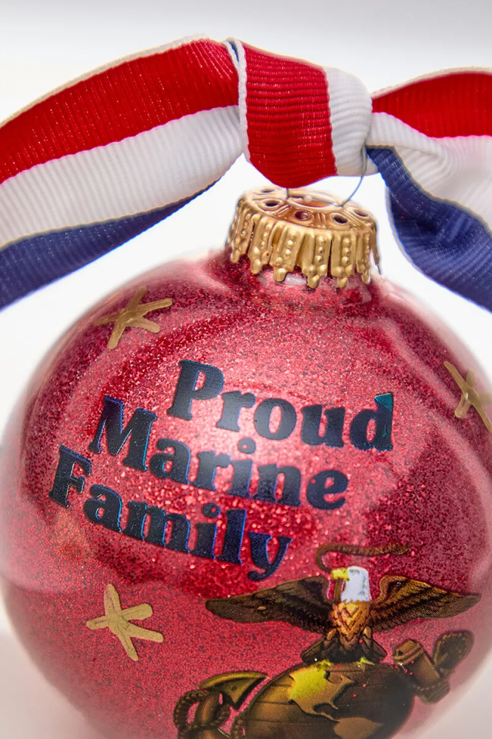 3.25" Red "Proud Marine Family" with Ribbon Glass Ball Ornament