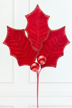 39" Red Velvet Holly Leaves Spray