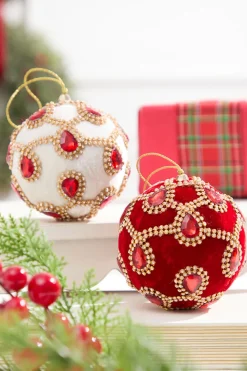4" Red Velvet with Jewel & Rhinestone Ball Ornament