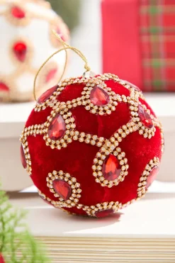 4" Red Velvet with Jewel & Rhinestone Ball Ornament