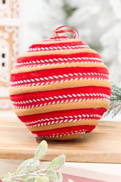 6" Red, White & Brown Gingerbread Stripe Ball