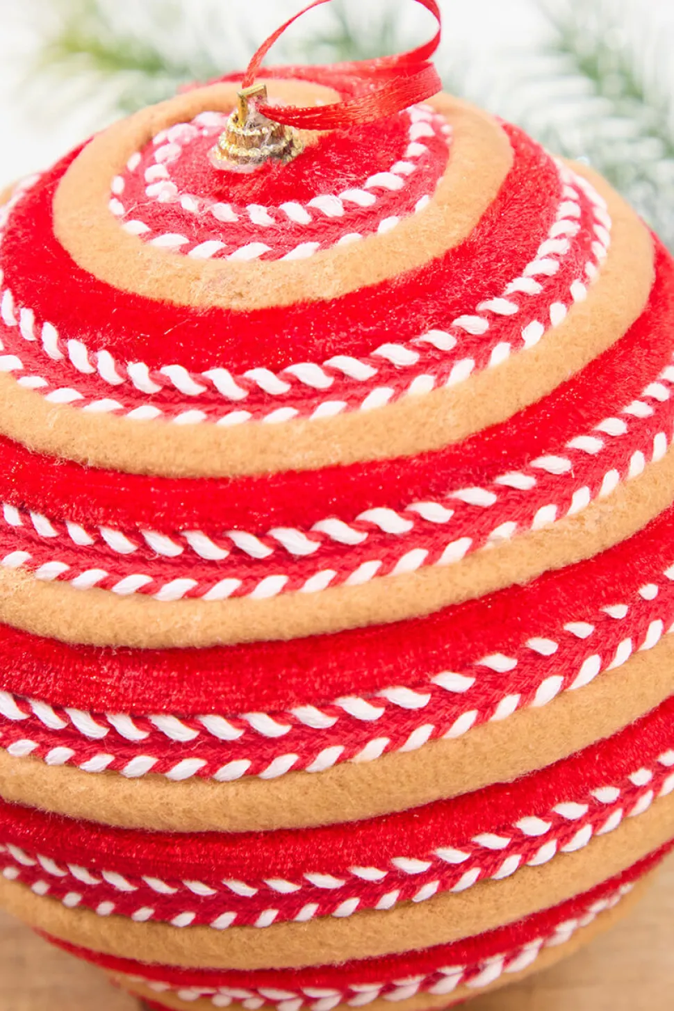6" Red, White & Brown Gingerbread Stripe Ball