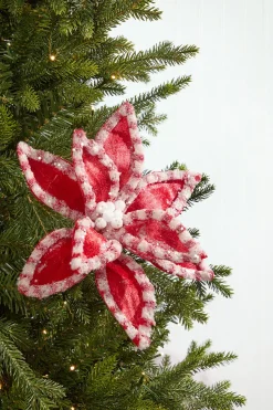 22" Red & White Candy with Snow Glitter Poinsettia Stem