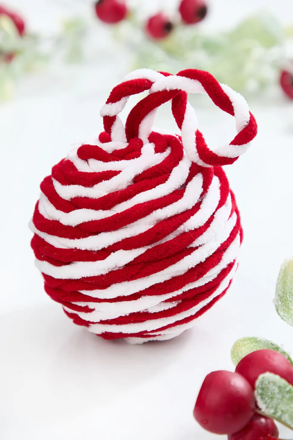 4" Red & White Plush Ball Ornament