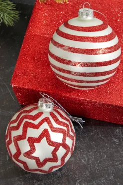 4" Red with Stripes/Zig Zag Glass Ball Ornament